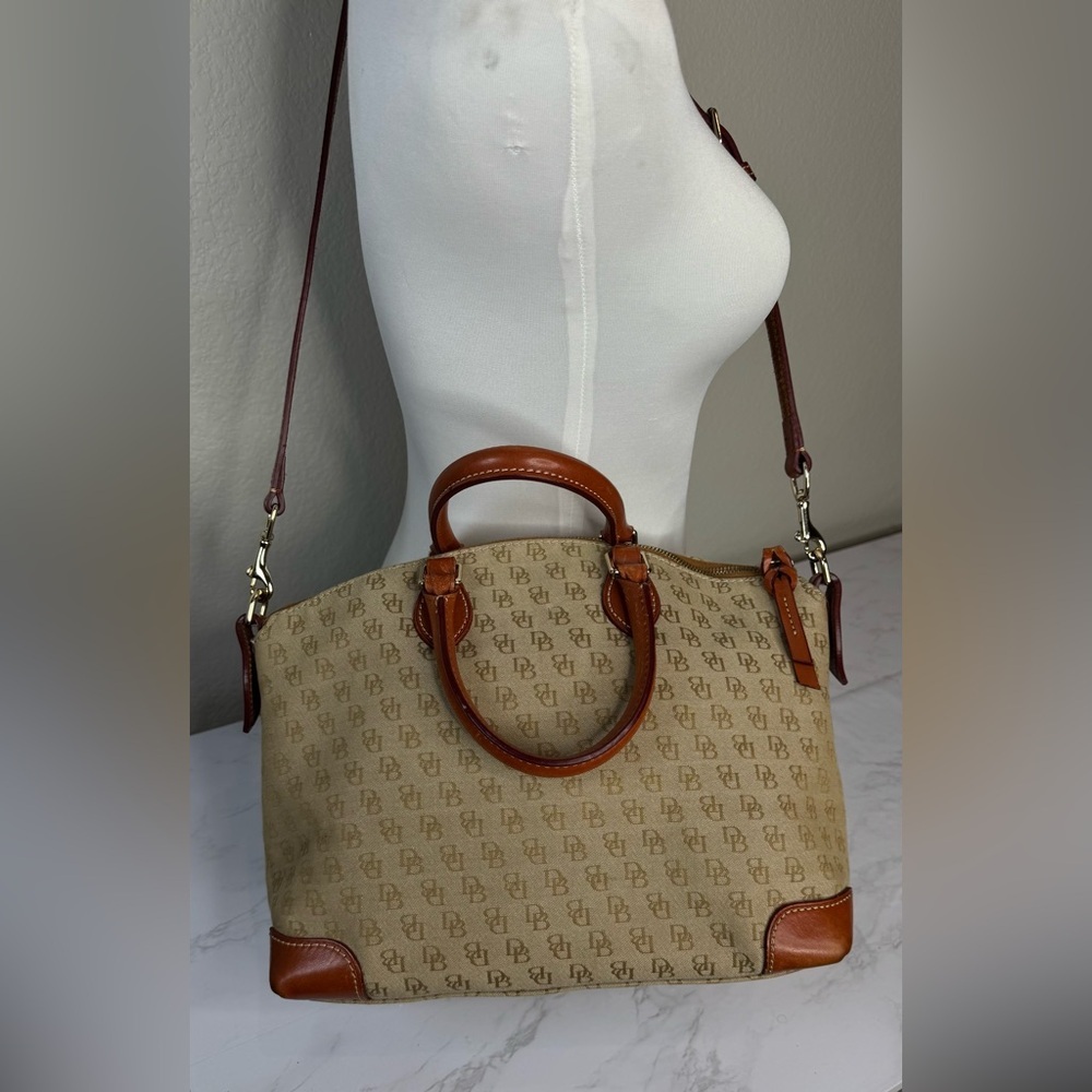 Dooney & Bourke Sig Canva Brown‎ Leather Greta Satchel Handbag Purse